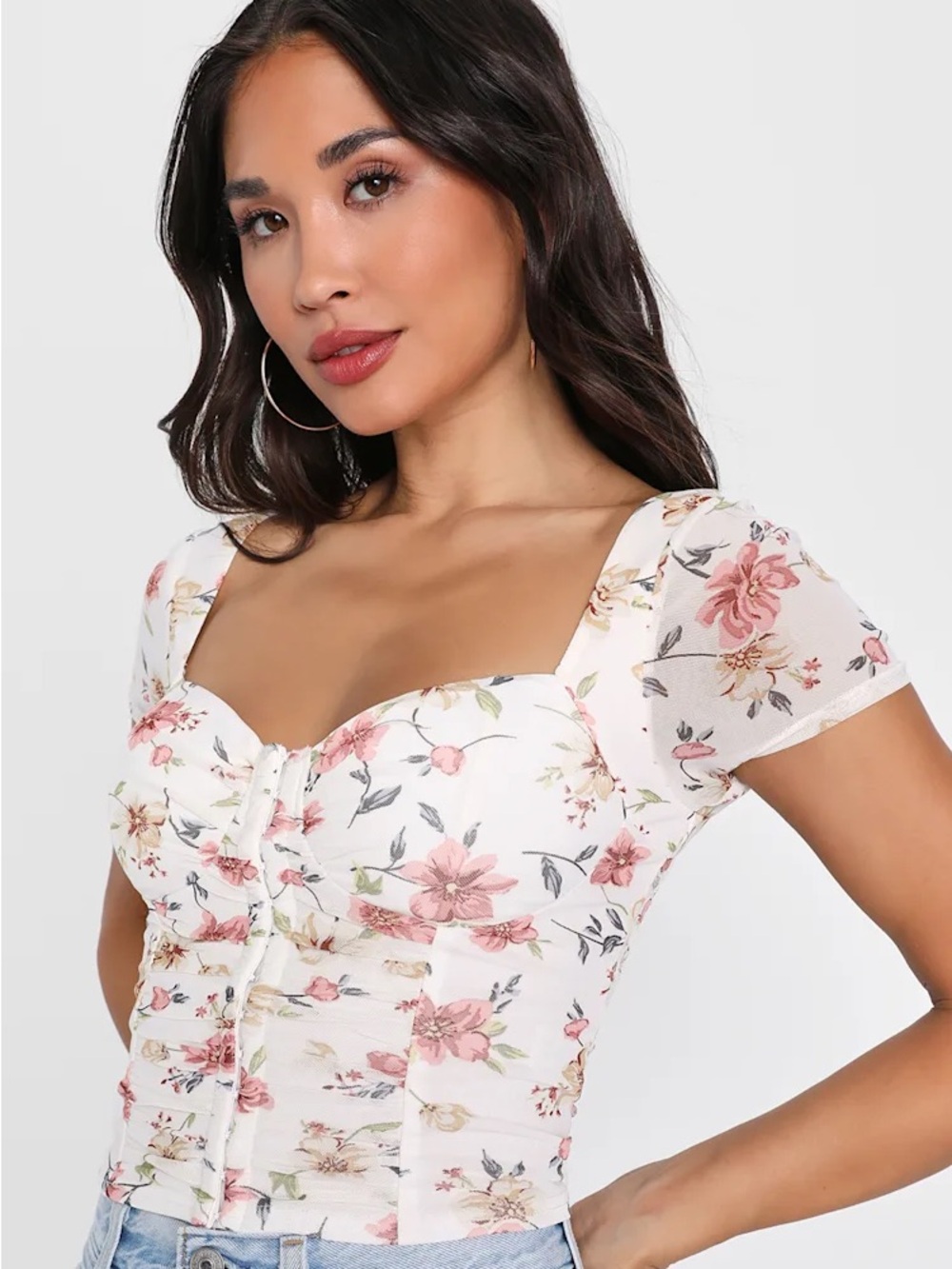 Lulu's Cream Floral Sweetheart Top